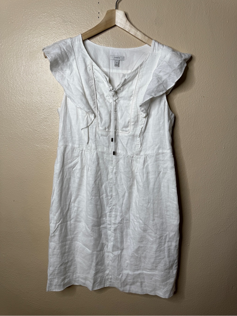 J.Crew White Linen Dress Women’s 10 Ruffle Flutter Sleeve Boho Cottagecore Mini